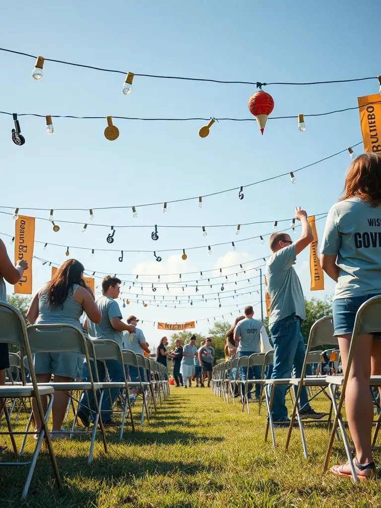 A group of volunteers setting up chairs and decorations for an outdoor music festival organized by NIS-MUSIC, showcasing community involvement and support.