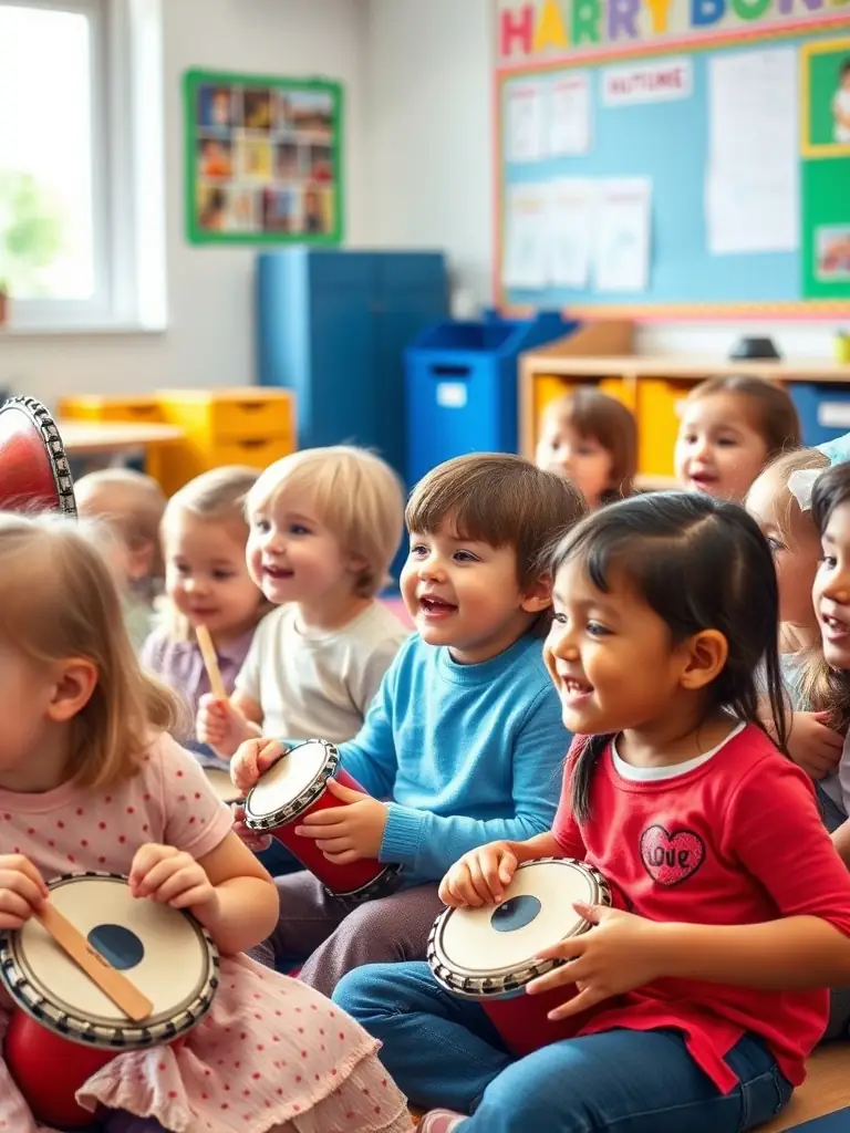 A photograph of children actively participating in a music education program, highlighting the joy and benefits of early musical training.