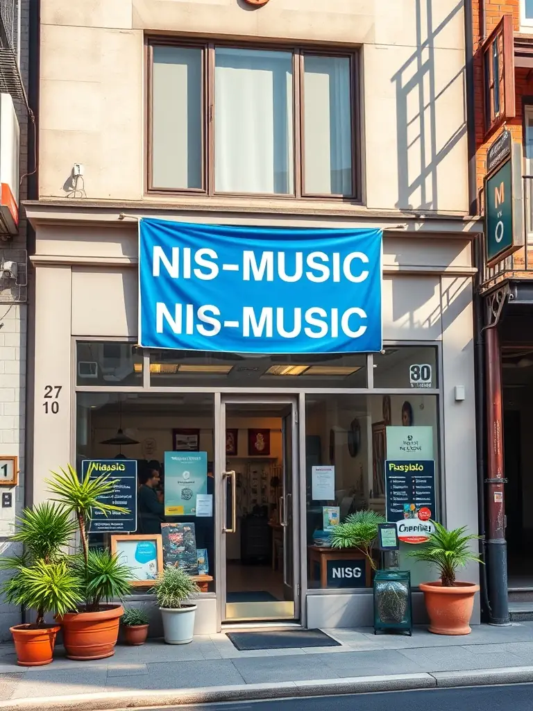 A local business displaying a NIS-MUSIC banner, representing partnerships and sponsorships that help fund the organization's activities.