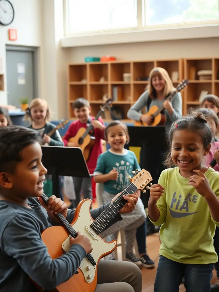 A candid shot of children participating in a 'Music for All' workshop, learning to play various instruments under the guidance of experienced instructors, set in a bright and welcoming community center.