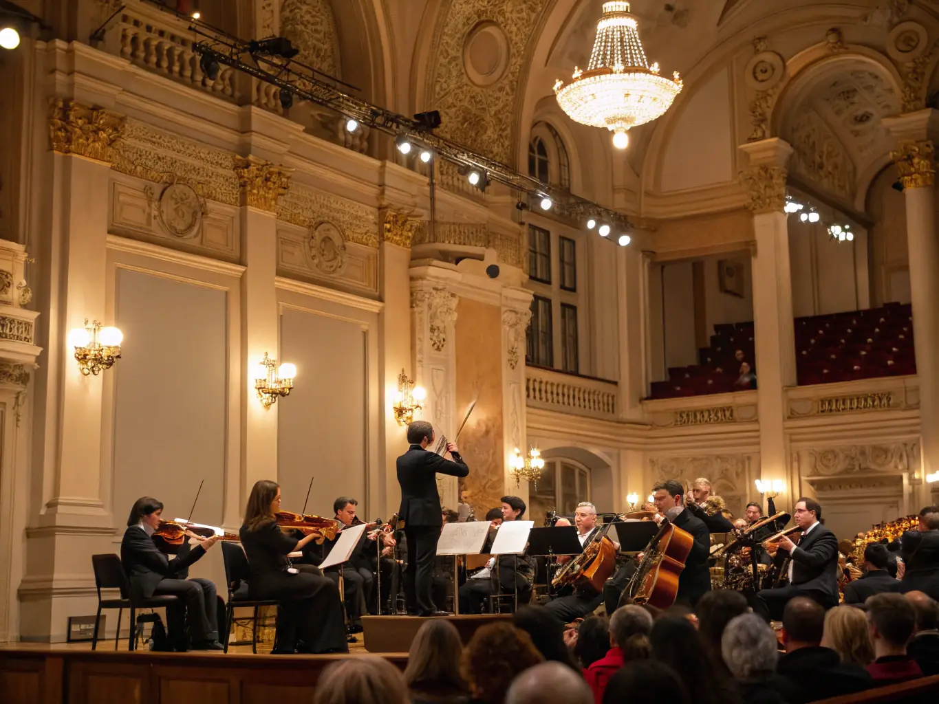 A close-up shot of a classical music ensemble performing in a concert hall, highlighting the elegance and artistry of the musicians supported by NIS-MUSIC.