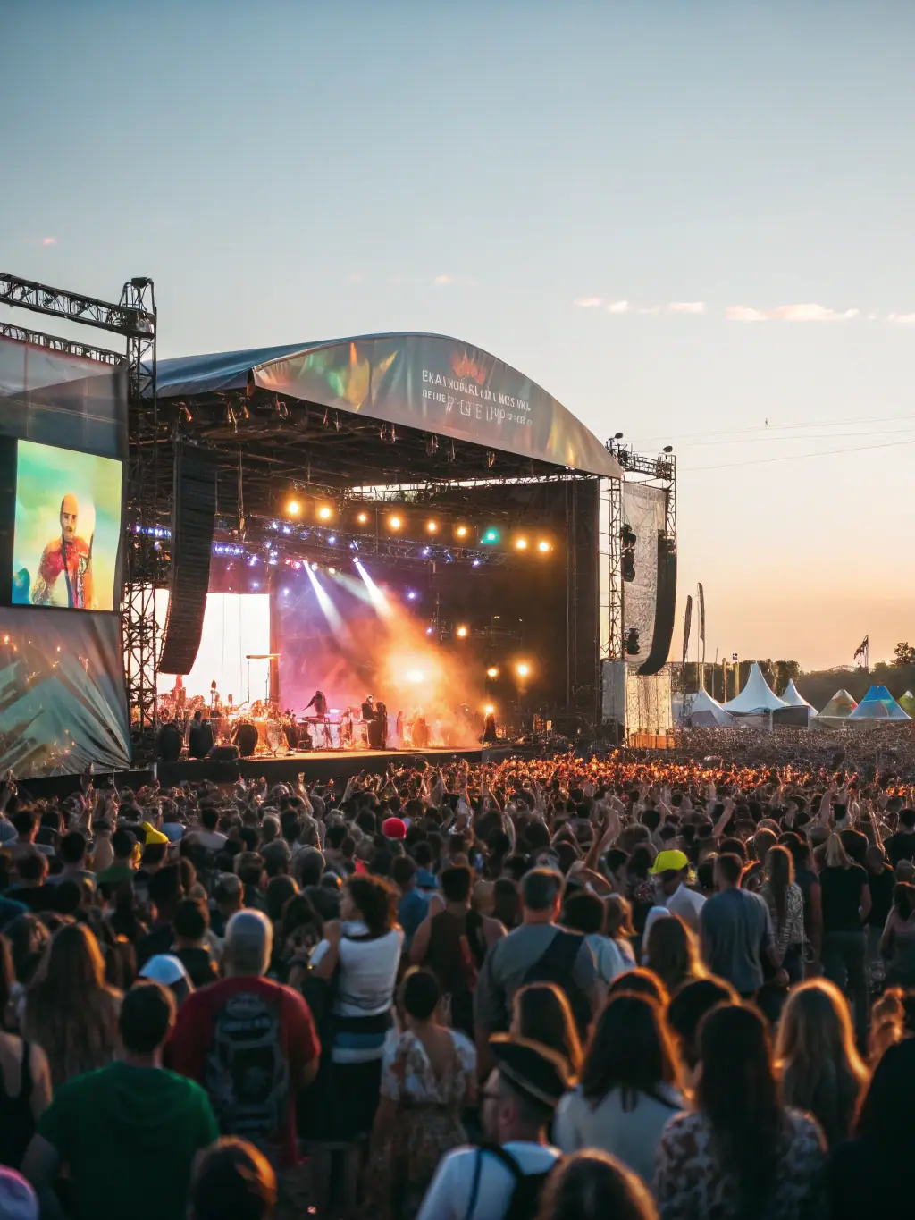 A captivating image of a large-scale outdoor music festival with a diverse crowd enjoying performances on stage under colorful lighting.