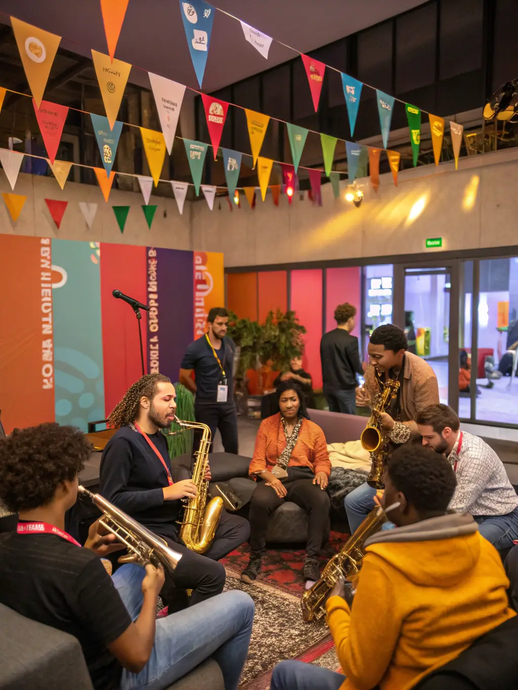 A dynamic image of a diverse group of musicians collaborating during a world music workshop, emphasizing cultural exchange and artistic collaboration.