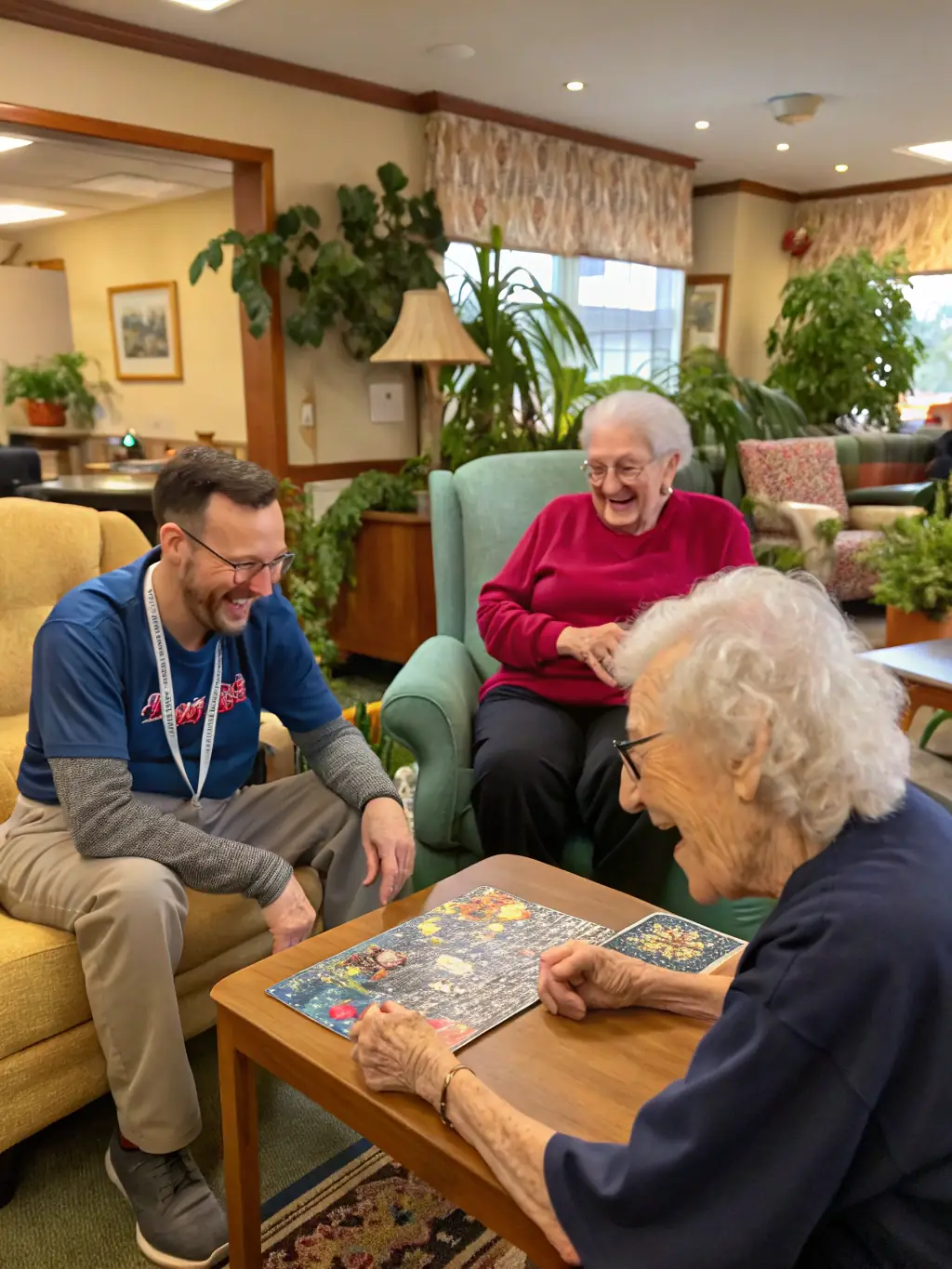 A heartwarming photo of NIS-MUSIC volunteers assisting elderly residents at a nursing home during a musical outreach program, with musicians playing instruments and residents enjoying the performance.