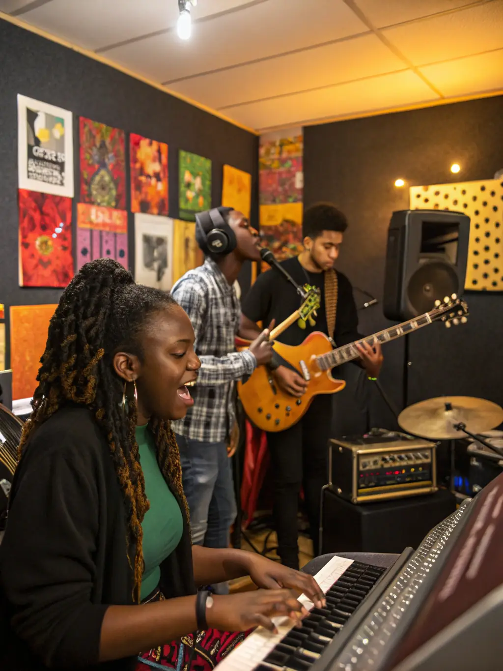 A dynamic shot of a collaborative music project supported by NIS-MUSIC, showcasing musicians from different cultural backgrounds working together in a recording studio, surrounded by sound equipment and instruments.
