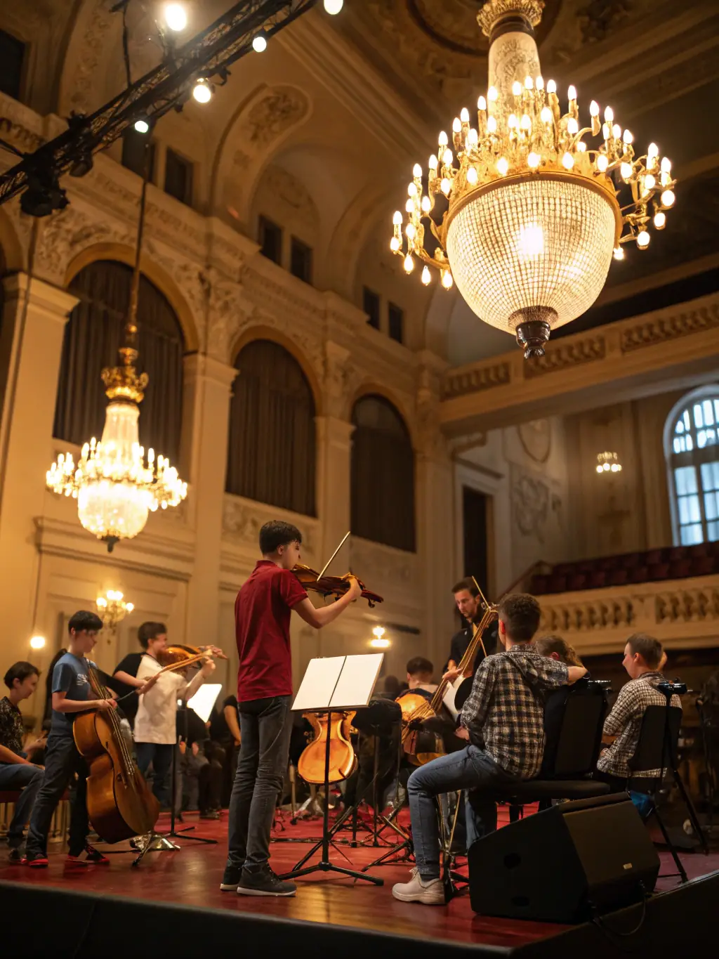 A dynamic image of a youth orchestra rehearsing for a concert, showcasing young musicians passionately playing their instruments, with a conductor leading them with enthusiasm and precision.
