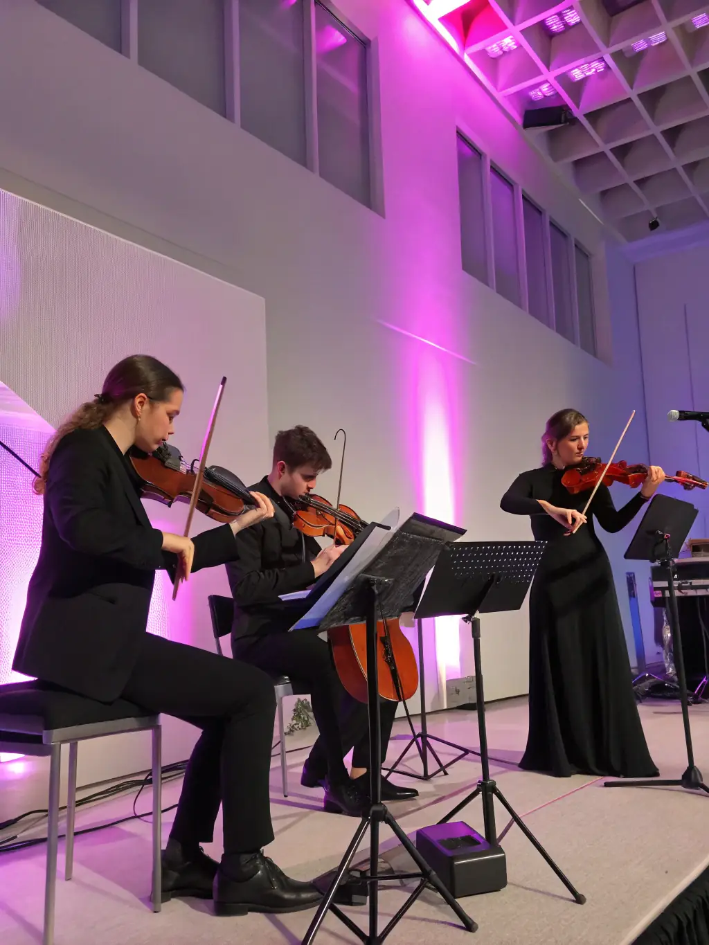 A photograph capturing a string quartet performing in an intimate setting, showcasing the elegance and artistry of classical music.