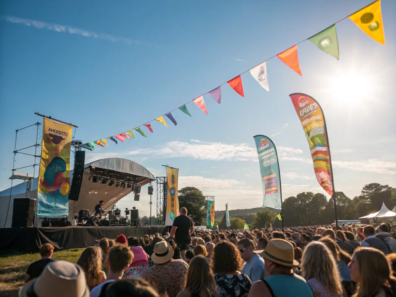 A vibrant outdoor music festival scene with diverse performers on stage, capturing the energy and excitement of a live musical event organized by NIS-MUSIC.