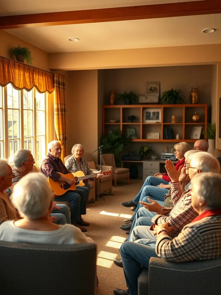A photograph of a string quartet performing in a local nursing home as part of the 'Musical Outreach' program, with elderly residents visibly enjoying the performance, creating a heartwarming and intimate atmosphere.
