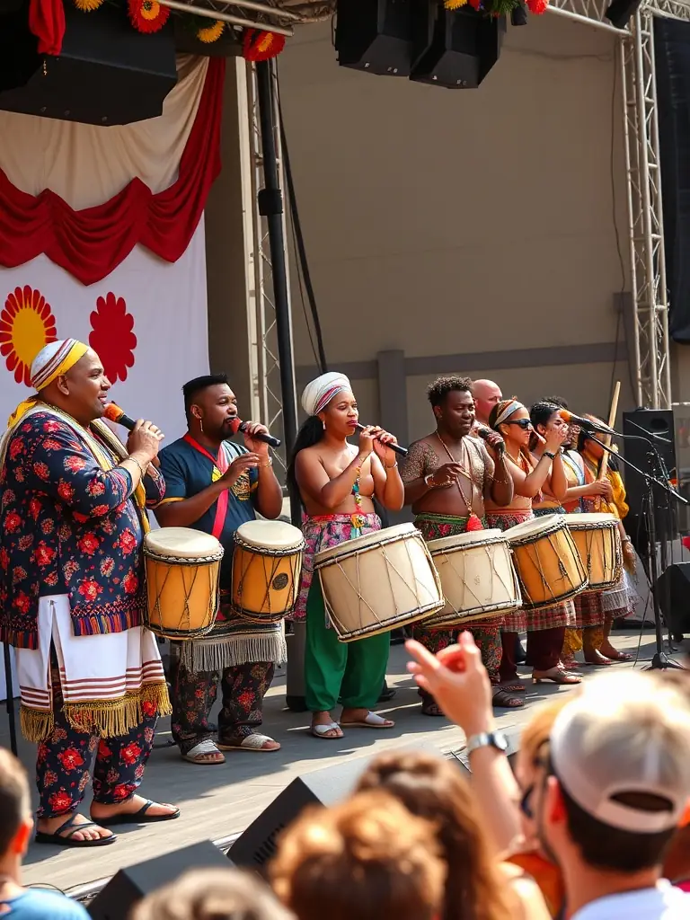 A captivating image of a live performance at a NIS-MUSIC cultural music festival, featuring a diverse group of musicians on stage, illuminated by colorful stage lights, and an enthusiastic audience in the foreground.