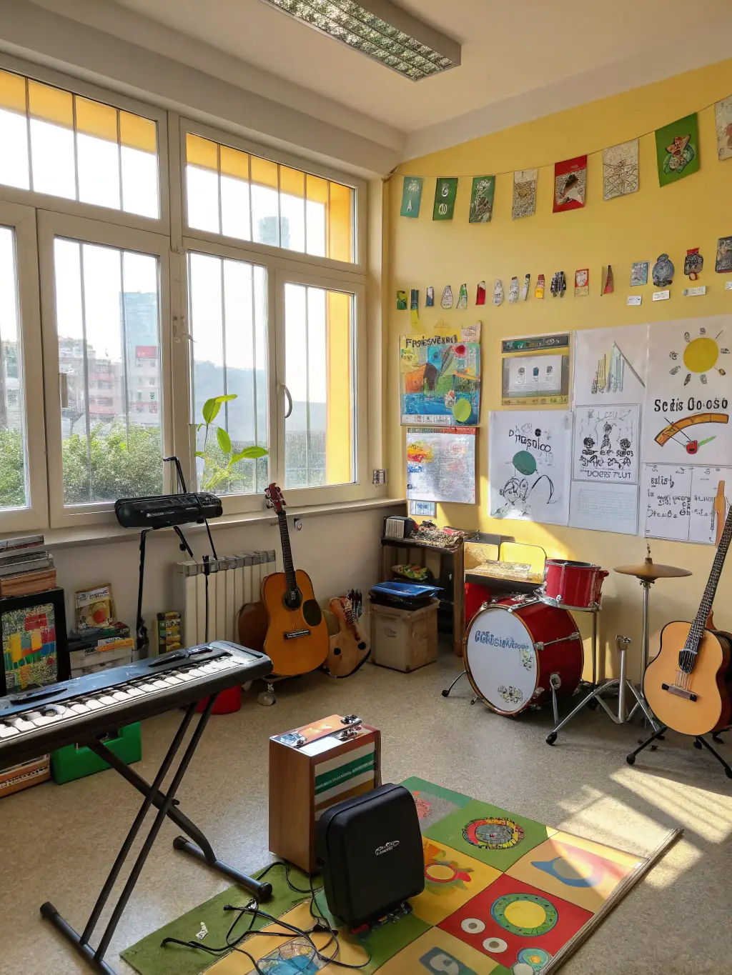 A vibrant photograph capturing the energy of a NIS-MUSIC organized youth music workshop, with children actively participating and learning from instructors, set against a backdrop of musical instruments and educational materials.